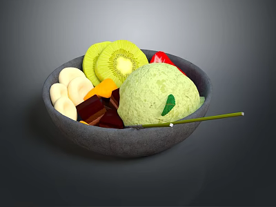 Fresh Fruit and Green Ice Cream Bowl with Kiwi Banana Slices Strawberry and Chocolate Pieces 3d model