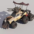 Post Apocalyptic Modified Off Road Vehicle With Heavy Weapons Large Tires And Canopy