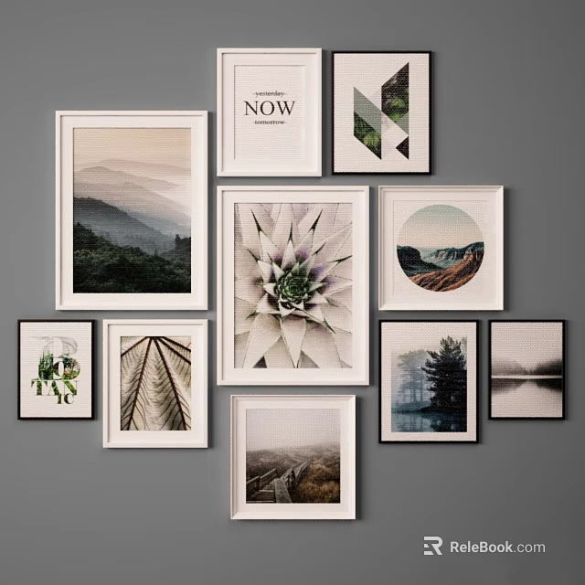 Stylish Photo Frames Gallery Wall With Mountain Landscape And Plant Prints 3d model 