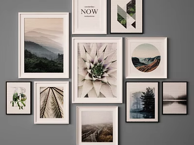 Stylish Photo Frames Gallery Wall With Mountain Landscape And Plant Prints 3d model
