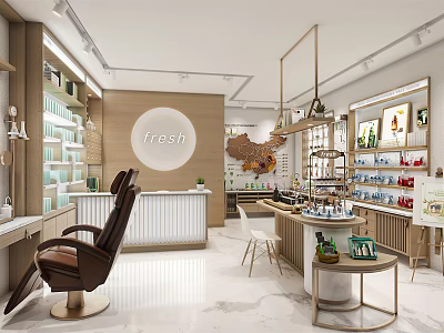 Modern Fresh Retail Store Interior With Display Shelves Seating And Marble Floor 3d model