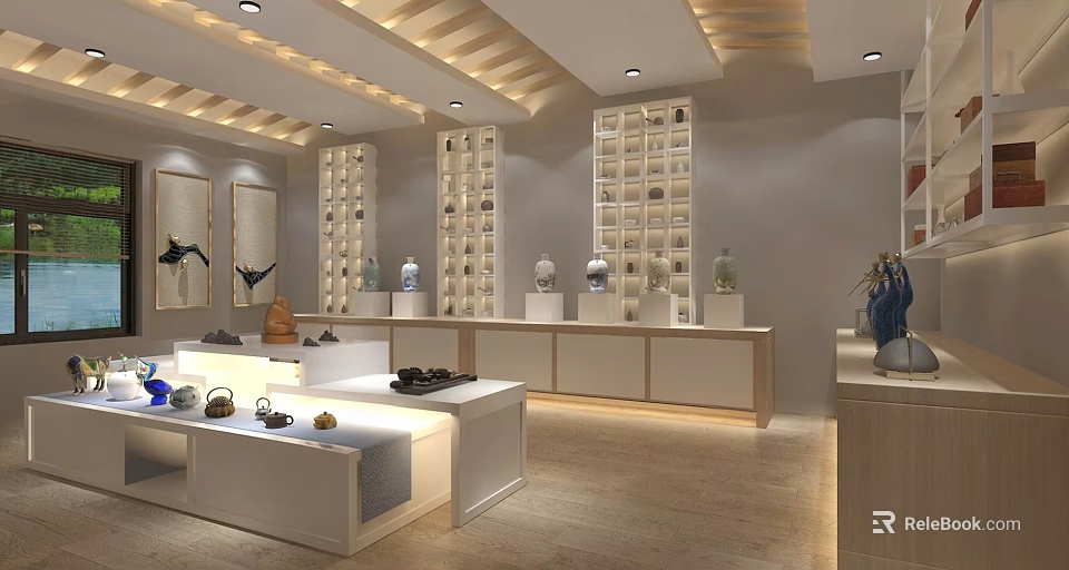 Modern Art Showroom Displaying Ceramic Pieces Tea Sets And Wooden Ceiling Decor 3d model 