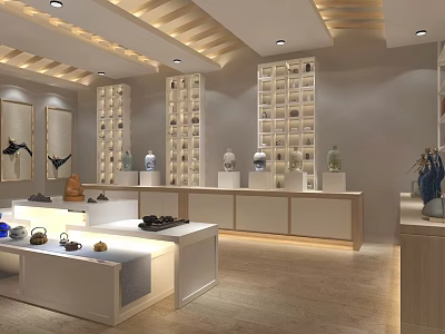 Modern Art Showroom Displaying Ceramic Pieces Tea Sets And Wooden Ceiling Decor 3d model