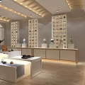 Modern Art Showroom Displaying Ceramic Pieces Tea Sets And Wooden Ceiling Decor