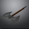 Double Edged Battle Axe With Ornate Metal Blade And Brown Wooden Handle