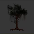 Tree With Lush Green Leaves And Exposed Roots Against Gray Background