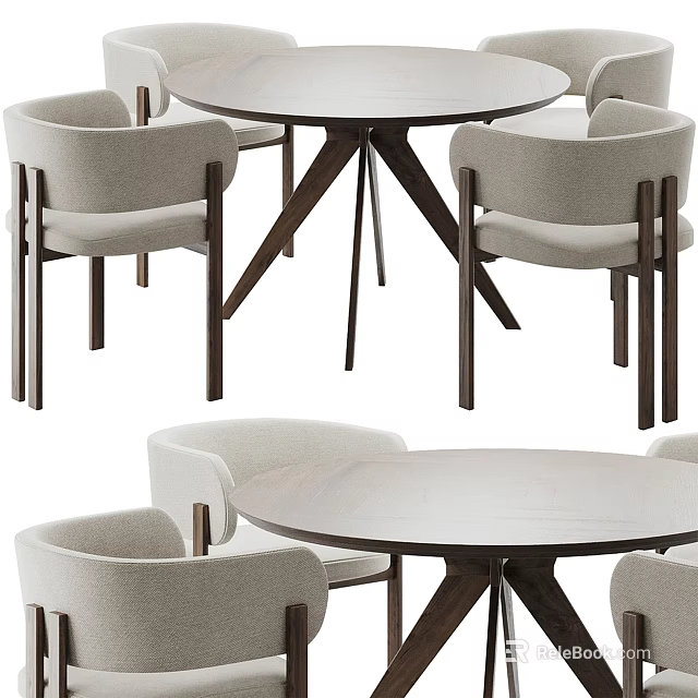 Modern Round Dining Table Set With Neutral Upholstered Chairs And Wooden Tripod Base 3d model 