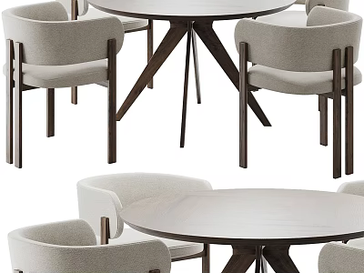 Modern Round Dining Table Set With Neutral Upholstered Chairs And Wooden Tripod Base 3d model
