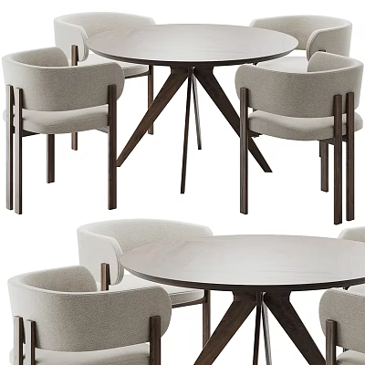 Modern Round Dining Table Set With Neutral Upholstered Chairs And Wooden Tripod Base 3d model
