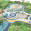 Residential Landscape Children's Playground Design With Circular Zones Colorful Pavement Slides Swings And Green Trees