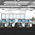 Modern Public Office Space With Multiple Workstations Computers Large Windows And City View 3d model