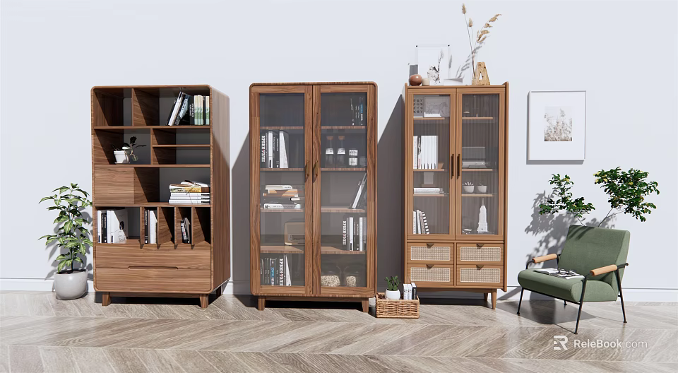 Modern Wooden Bookcases With Glass Doors Open Shelves And Drawers 3d model 