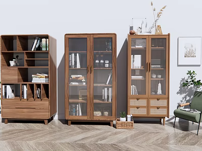 Modern Wooden Bookcases With Glass Doors Open Shelves And Drawers 3d model