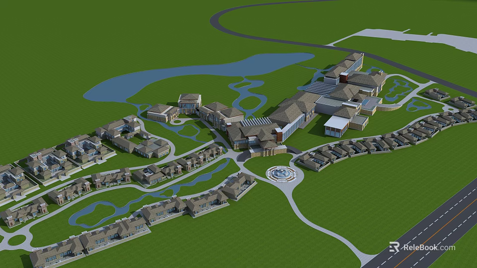 Aerial View Of Modern Residential Complex With Green Lawns Water Ponds And Curved Paths 3d model 