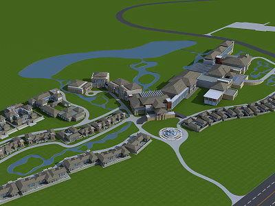Aerial View Of Modern Residential Complex With Green Lawns Water Ponds And Curved Paths 3d model