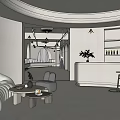Minimalist Clothing Store Interior With White Sofa Coffee Tables Bar Counter And Hanging Lights