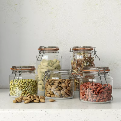 Glass Spice Jars With Airtight Clamp Lids Holding Various Beans And Nuts On Kitchen Countertop 3d model