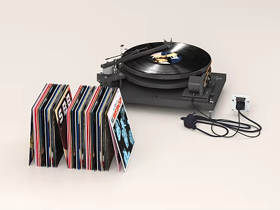 Premium Headphone Speaker with Vinyl Turntable Stacked Records and Connecting Cables 3d model