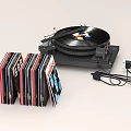 Premium Headphone Speaker with Vinyl Turntable Stacked Records and Connecting Cables