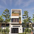 Modern Detached Villa Exterior Design With Wooden Balcony Large Windows And Greenery