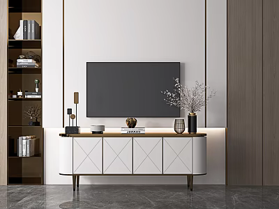 Modern Minimalist TV Stand with Flat Screen TV Decorative Items and Vase in Living Room 3d model