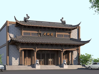 Ancient Chinese Traditional Opera House With Curved Eaves Stone Lions And Roof Statues 3d model