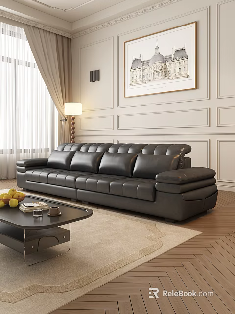 Black Leather Large Sofa in Modern Living Room with Coffee Table Fruits and Books 3d model 