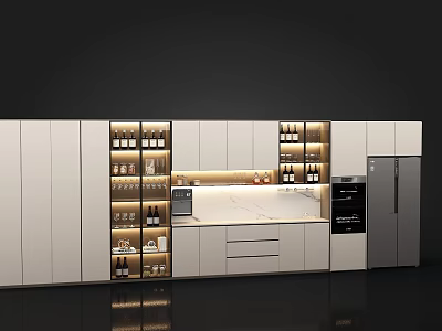Modern Kitchen With Illuminated Wine Cabinet White Cabinets And Countertop Appliances 3d model