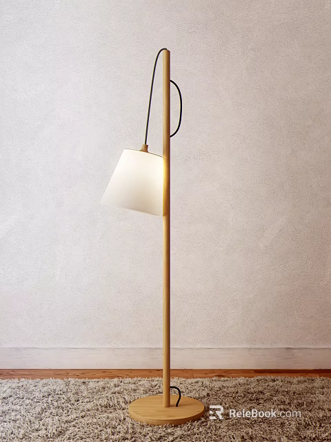 Minimalist Floor Lamp With Wooden Pole And White Lampshade For Modern Interiors 3d model 