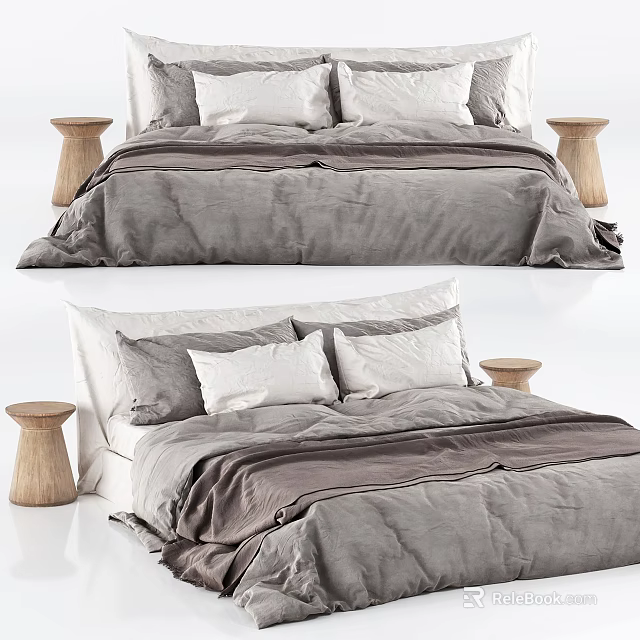 Minimalist Double Bed With Gray And White Bedding And Wooden Nightstands 3d model 