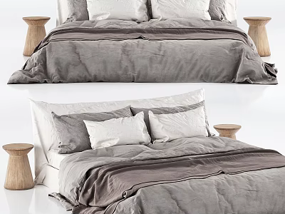 Minimalist Double Bed With Gray And White Bedding And Wooden Nightstands 3d model