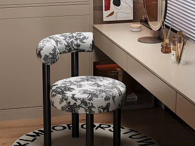 Modern Sofa Stool With Black And White Floral Pattern And Dressing Table Mirror Setup 3d model