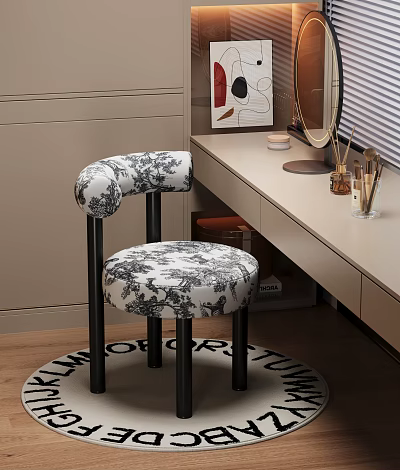 Modern Sofa Stool With Black And White Floral Pattern And Dressing Table Mirror Setup 3d model