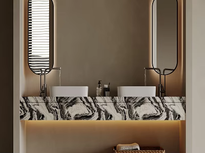 Modern Bathroom Vanity With Double Sinks Marble Countertop Oval Mirrors And Warm Lighting 3d model