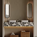 Modern Bathroom Vanity With Double Sinks Marble Countertop Oval Mirrors And Warm Lighting 3d model
