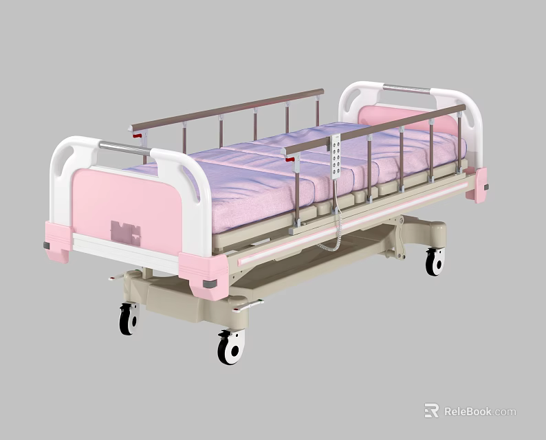Pink And White Medical Hospital Bed With Side Rails And Wheels 3d model 