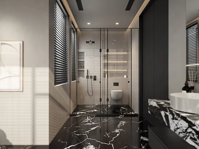 Elegant Modern Luxury Bathroom With Black Marble Floor And Clear Glass Shower Enclosure Design 3d model