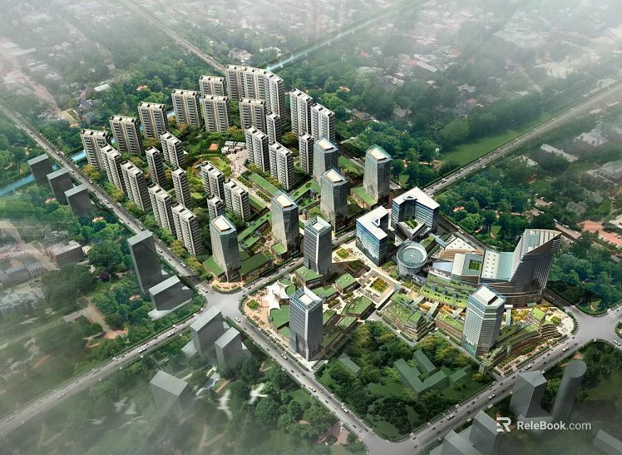 Urban Aerial Planning With High Rise Buildings Green Spaces And Road Layout 3d model 