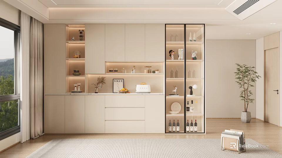 Modern Minimalist Wine Cabinet With White Cabinetry Glass Doors And Displayed Wine Bottles 3d model 