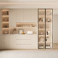 Modern Minimalist Wine Cabinet With White Cabinetry Glass Doors And Displayed Wine Bottles