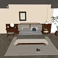 Double Bed With Upholstered Headboard Cozy Linens Framed Art And Indoor Plant In Modern Bedroom