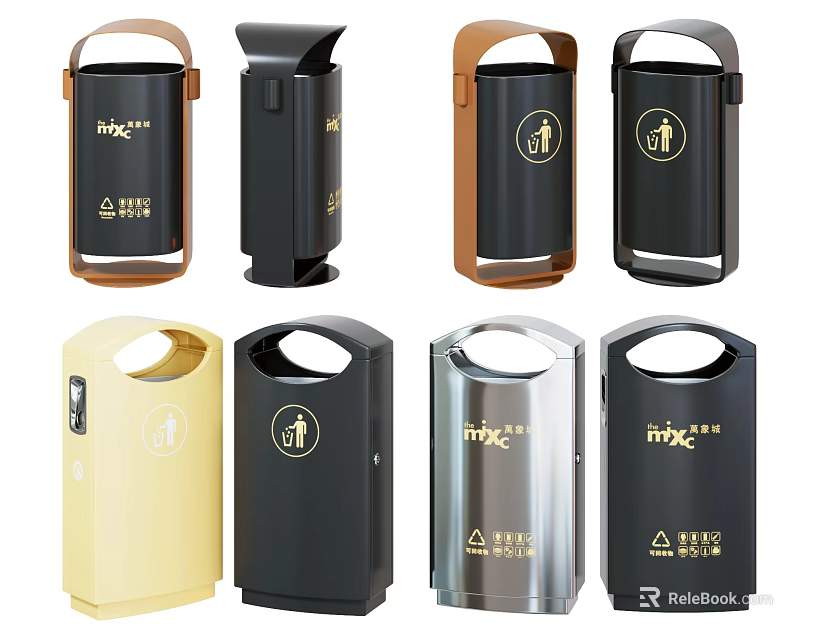 Public Trash Bins For Waste Sorting With Different Colors And Recycling Symbols 3d model 