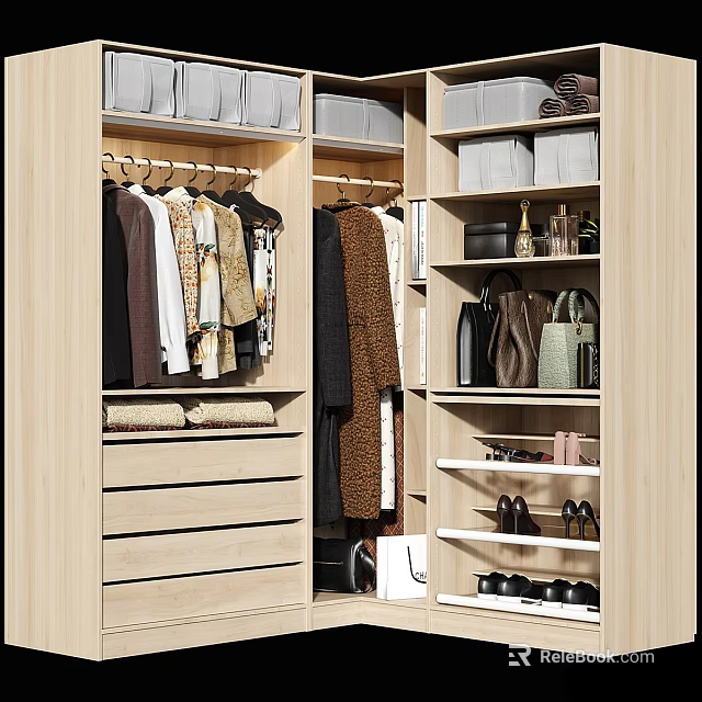 Modern Wardrobe Interior With Hanging Clothes Drawers Shelves Bags And Shoes 3d model 
