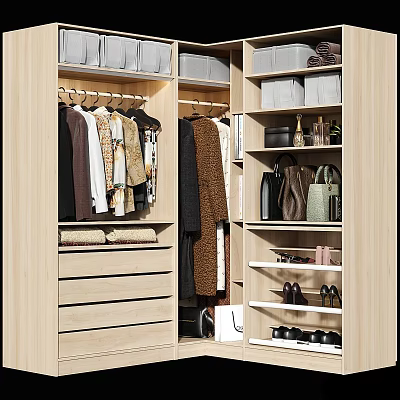 Modern Wardrobe Interior With Hanging Clothes Drawers Shelves Bags And Shoes 3d model