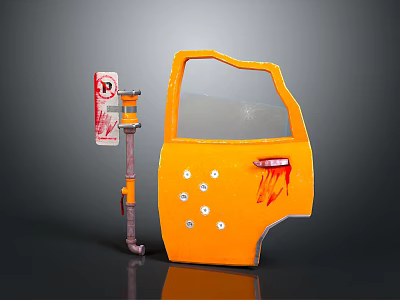 Damaged Orange Car Door With Cracked Glass And Red Stains Near No Parking Sign 3d model