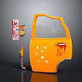Damaged Orange Car Door With Cracked Glass And Red Stains Near No Parking Sign