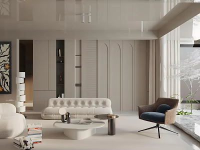 Modern Living Room Interior With White Sofa Accent Chair Round Coffee Table And Wall Art 3d model