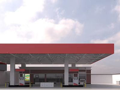 Gas Station Exterior With Red Roof Fuel Pumps And Columns 3d model