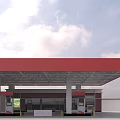 Gas Station Exterior With Red Roof Fuel Pumps And Columns