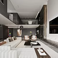Modern Living and Dining Room Interior with Open Concept Sofa Coffee Table and Staircase